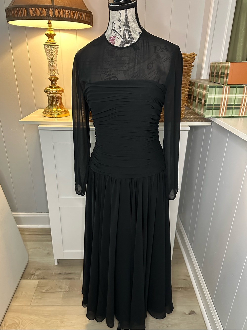 A.J. Bari Black Long-Sleeve Ruched Bodice Evening Dress